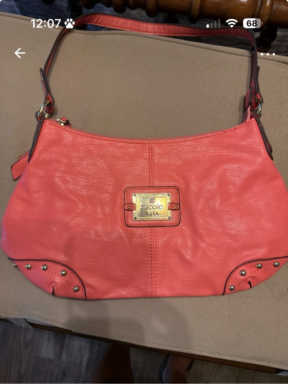 Nicole Miller Coral-Pink Leather Shoulder Bag with Gold Plaque